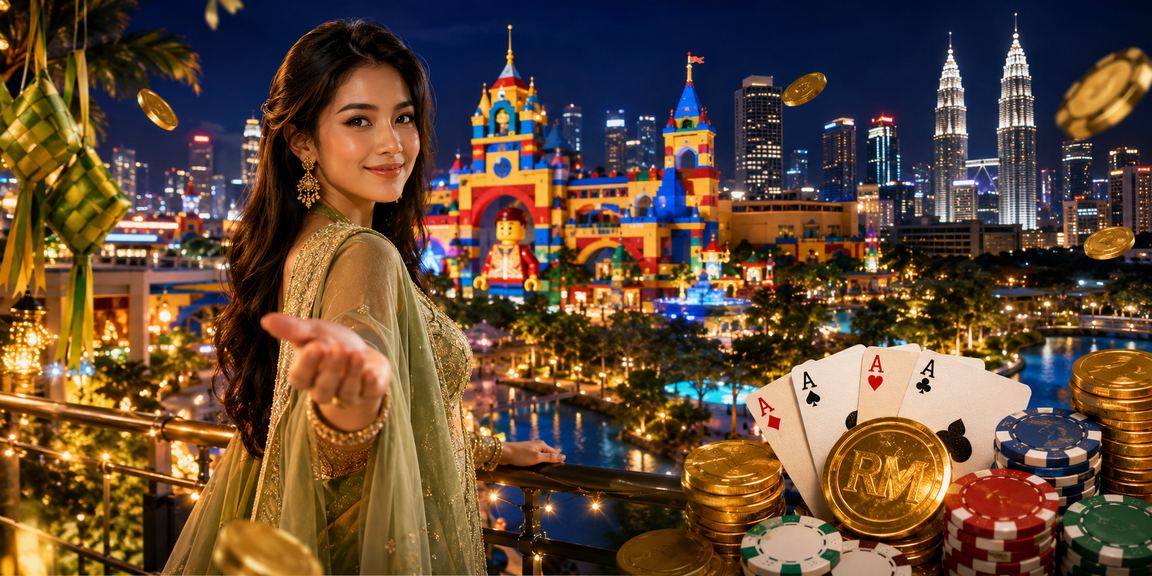 Suasana permainan poker bergaya Hari Raya Malaysia dengan elemen perayaan meriah